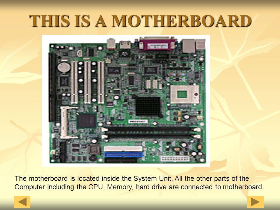 THIS IS A MOTHERBOARD The motherboard is located inside the System Unit. All the other parts of the.