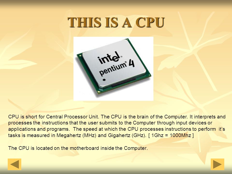 THIS IS A CPU CPU is short for Central Processor Unit. The CPU is the brain of the Computer. It interprets and.