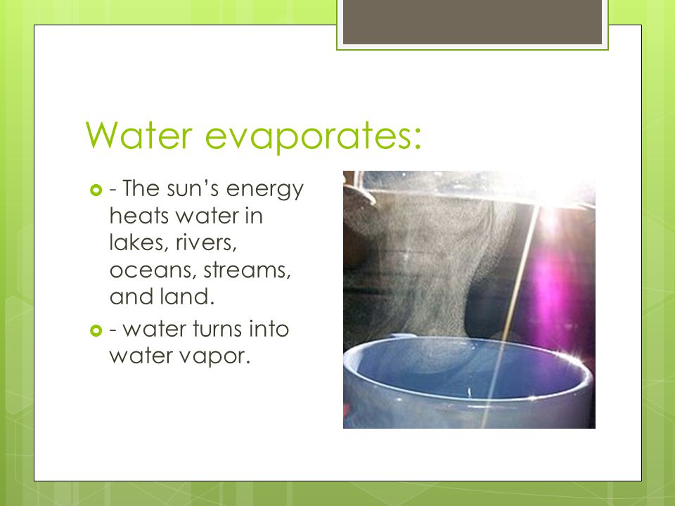 Water evaporates: - The sun’s energy heats water in lakes, rivers, oceans, streams, and land.