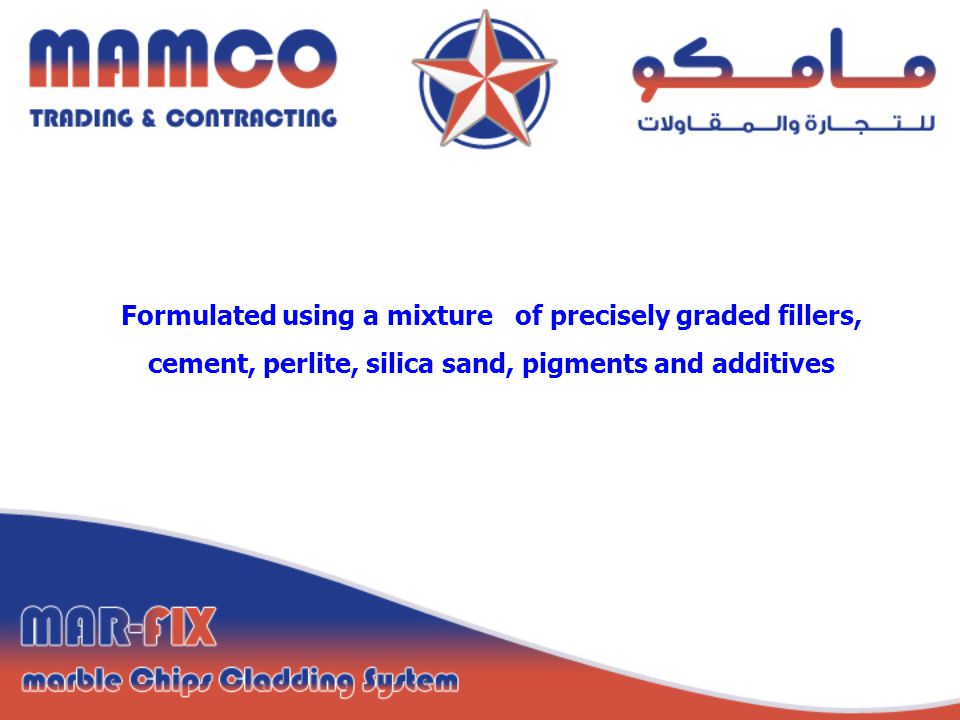 Formulated using a mixture of precisely graded fillers, cement, perlite, silica sand, pigments and additives
