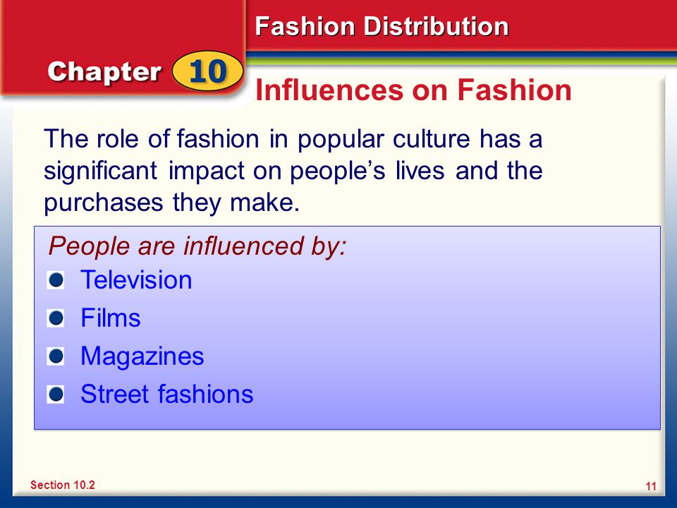 Influences on Fashion The role of fashion in popular culture has a significant impact on people’s lives and the purchases they make.