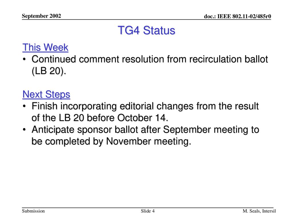 September 2002 TG4 Status. This Week. Continued comment resolution from recirculation ballot (LB 20).