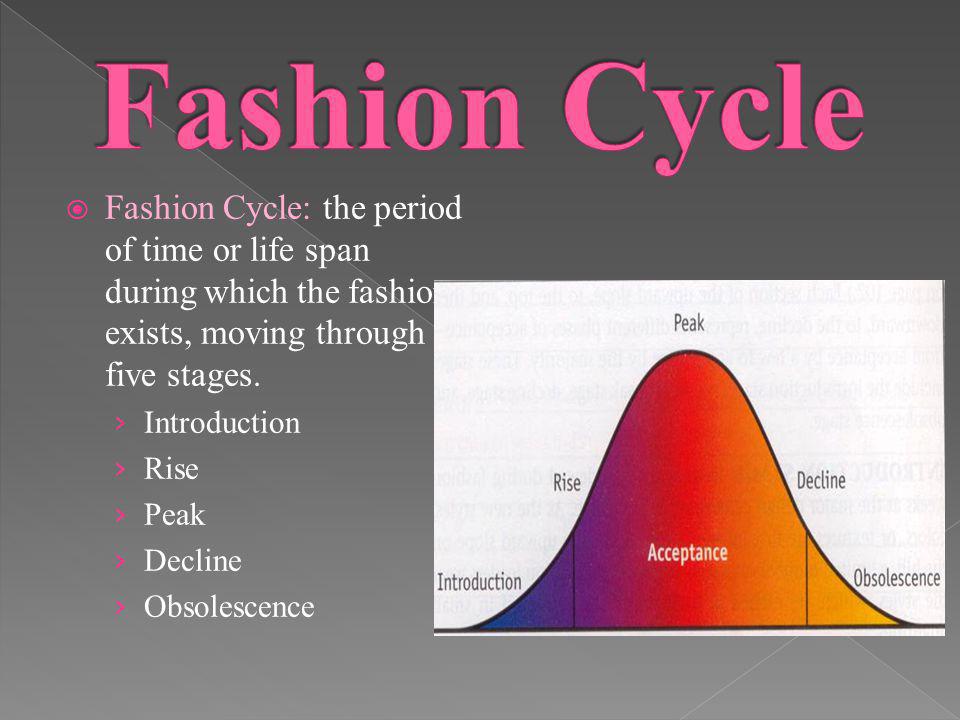 Fashion Cycle Fashion Cycle: the period of time or life span during which the fashion exists, moving through five stages.