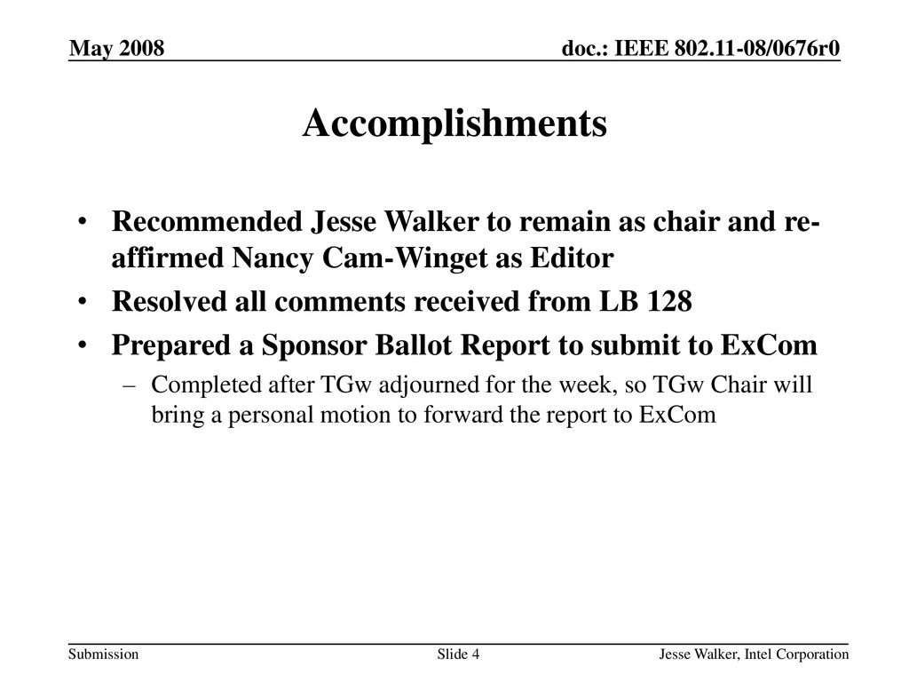 May 2008 Accomplishments. Recommended Jesse Walker to remain as chair and re-affirmed Nancy Cam-Winget as Editor.