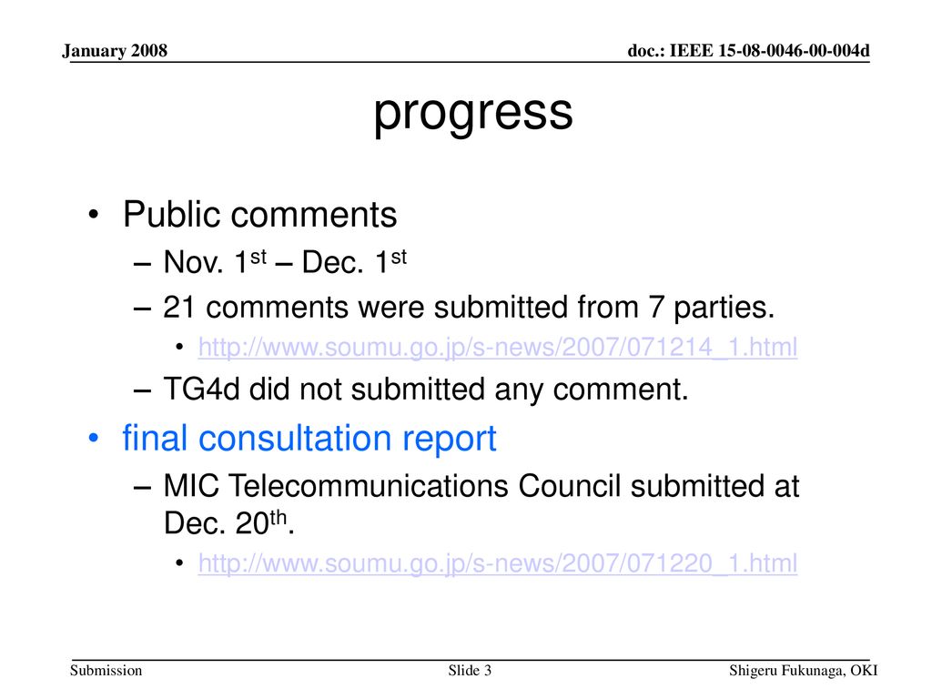 progress Public comments final consultation report Nov. 1st – Dec. 1st