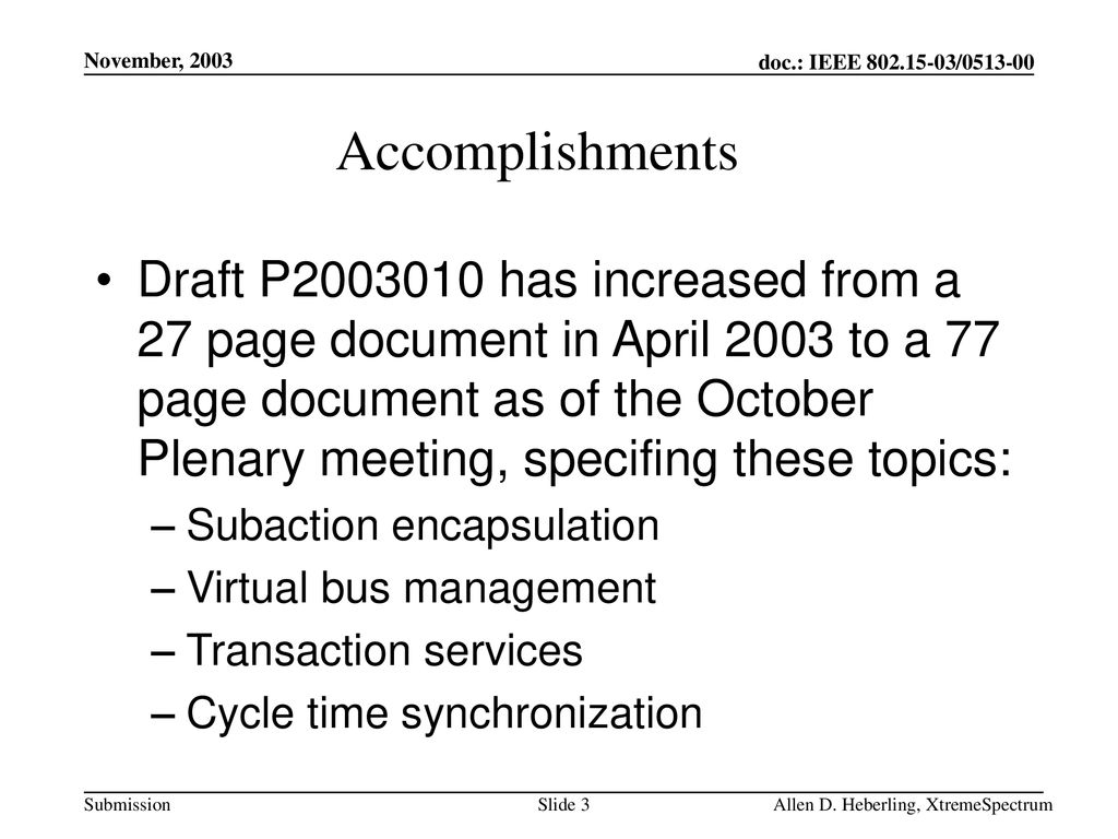 November, 2003 Accomplishments.