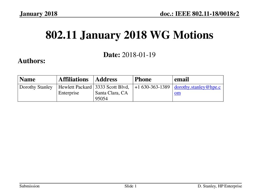 January 2018 WG Motions Date: Authors: January 2018