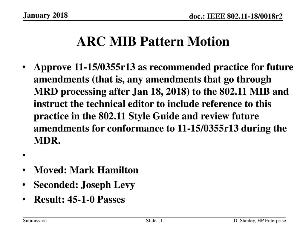 January 2018 doc.: IEEE /0018r2. January ARC MIB Pattern Motion.