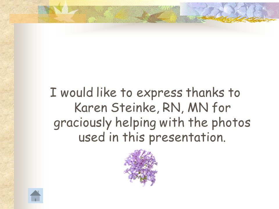 I would like to express thanks to Karen Steinke, RN, MN for graciously helping with the photos used in this presentation.