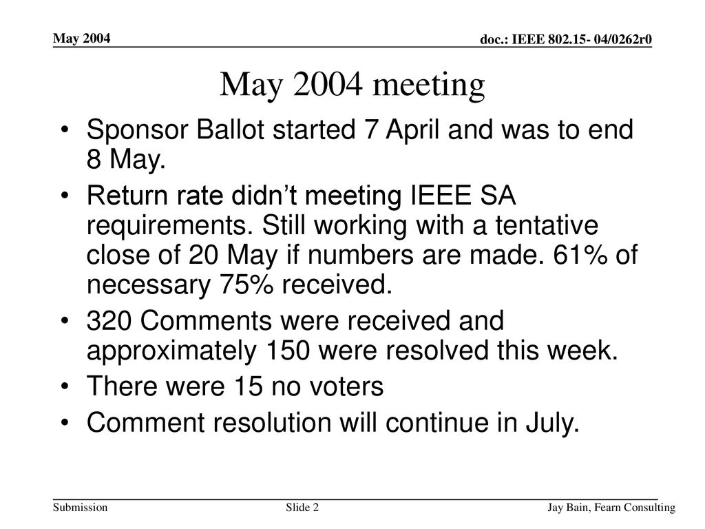 May 2004 meeting Sponsor Ballot started 7 April and was to end 8 May.