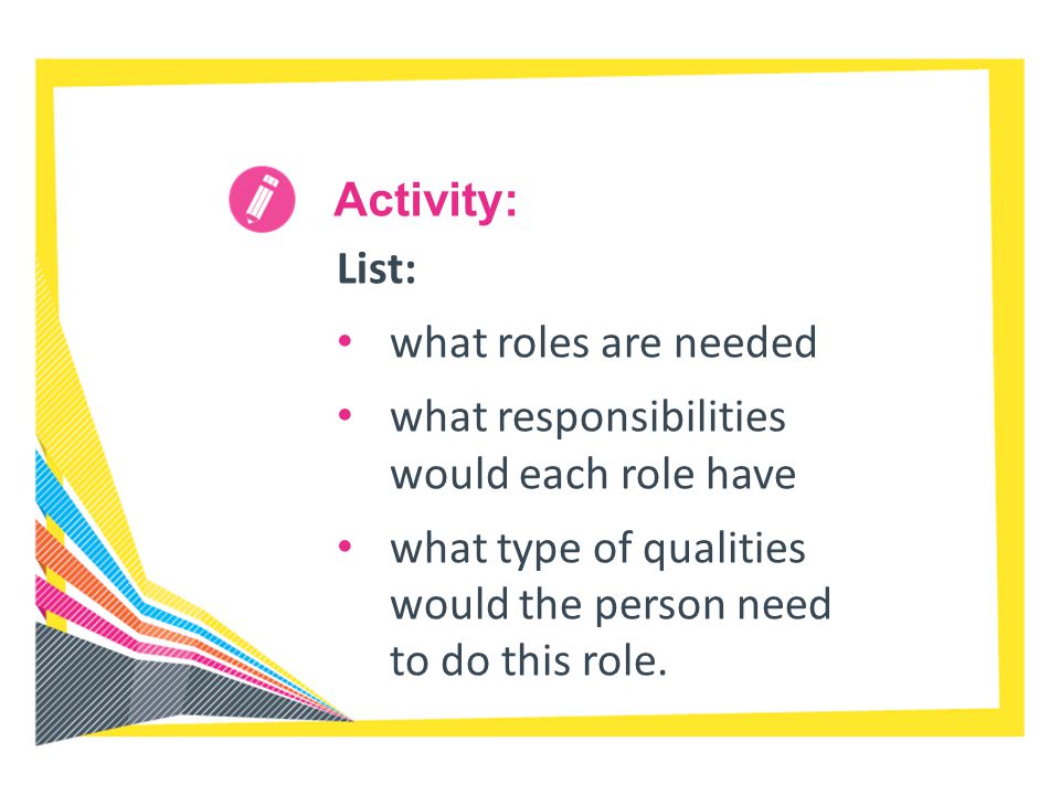 Activity: List: what roles are needed. what responsibilities would each role have.