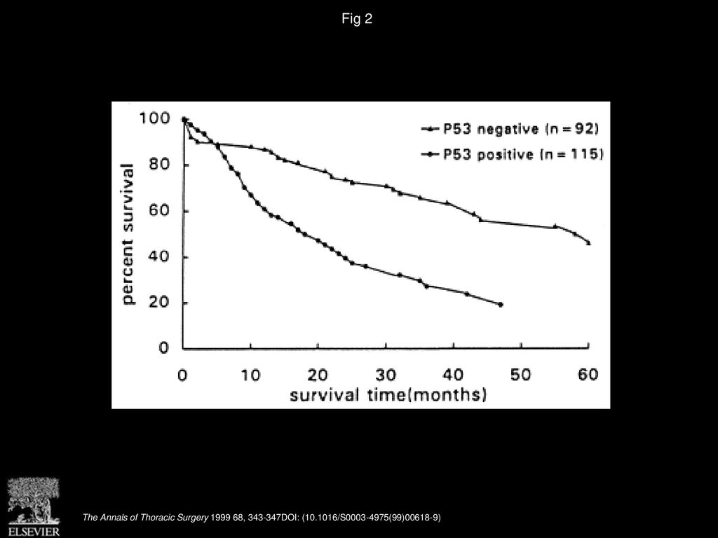 Fig 2 Survival curves of P53-positive and P53-negative NSCLC patients after operation (p < ).