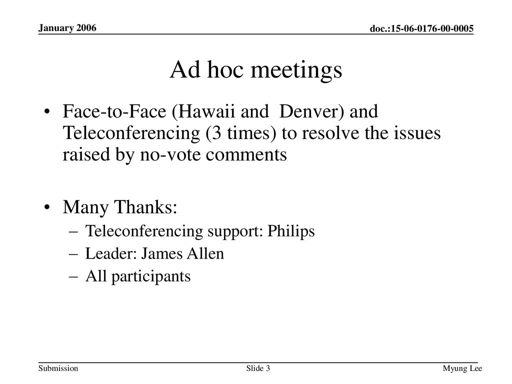 January 2006 Ad hoc meetings. Face-to-Face (Hawaii and Denver) and Teleconferencing (3 times) to resolve the issues raised by no-vote comments.