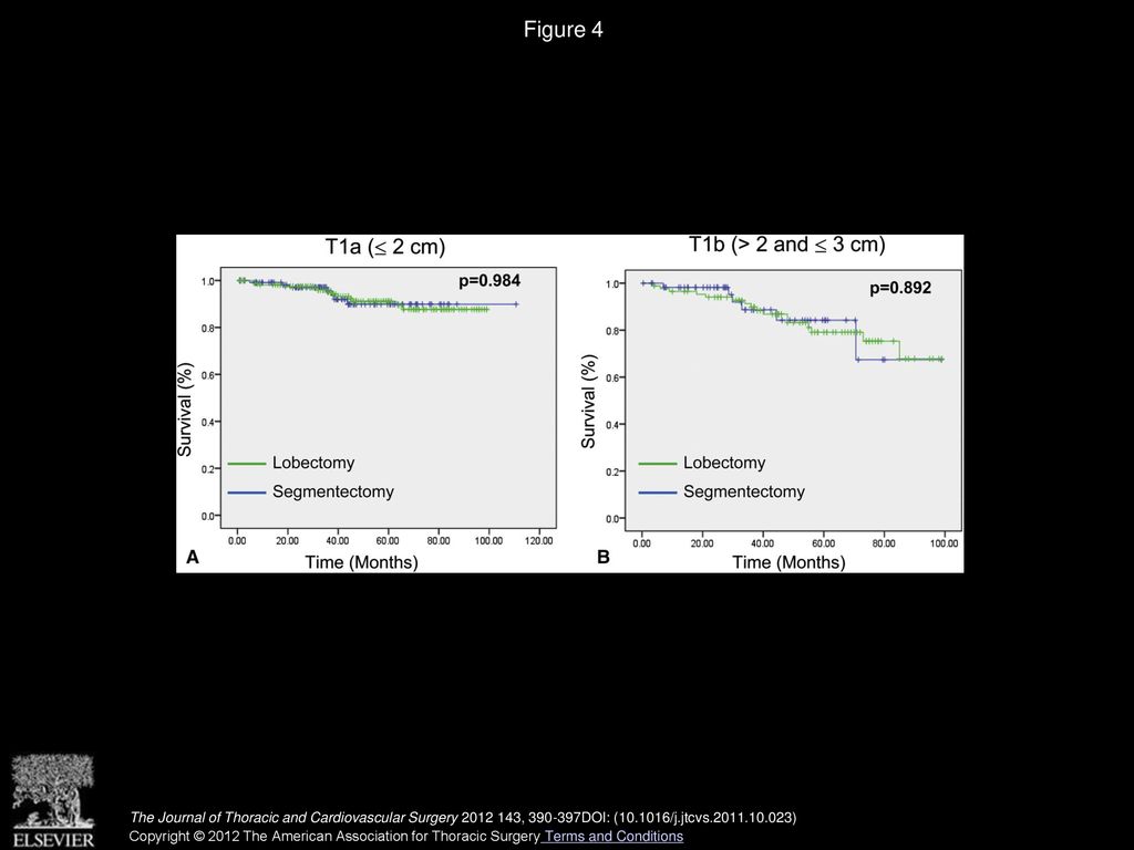 Figure 4 Cancer-specific survival curves comparing outcomes after segmentectomy or lobectomy for T1a (A) and T1b (B) tumors.