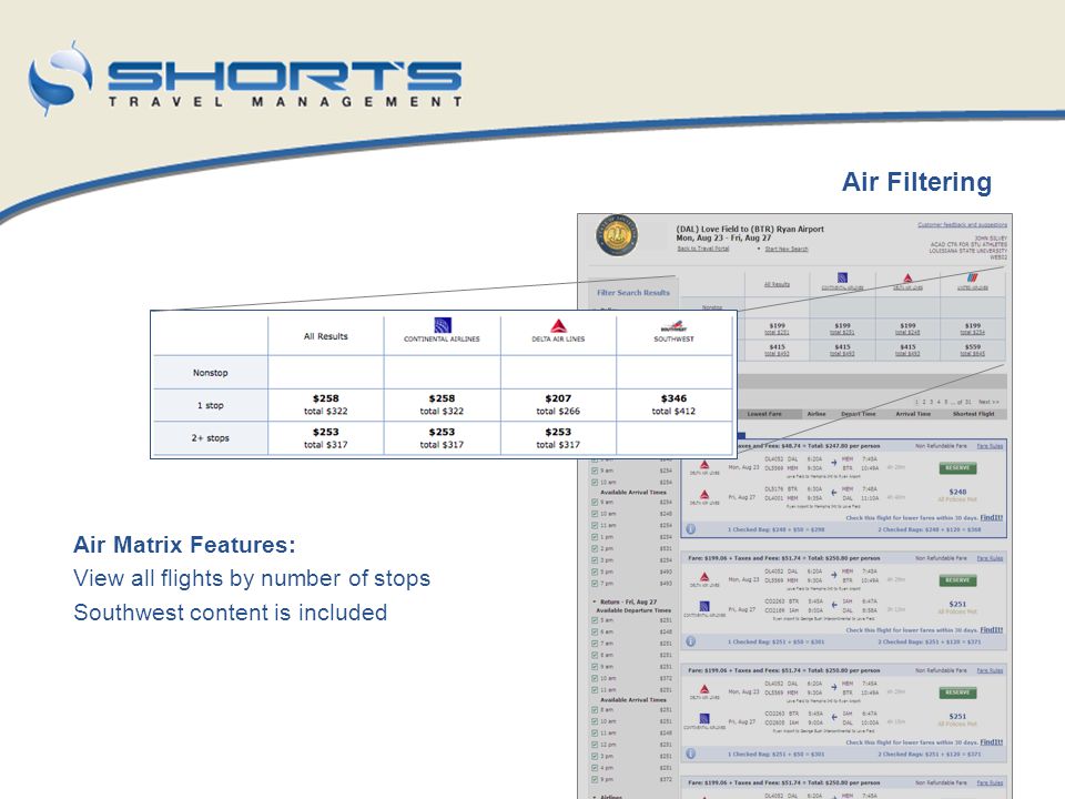 Air Filtering Air Matrix Features: View all flights by number of stops