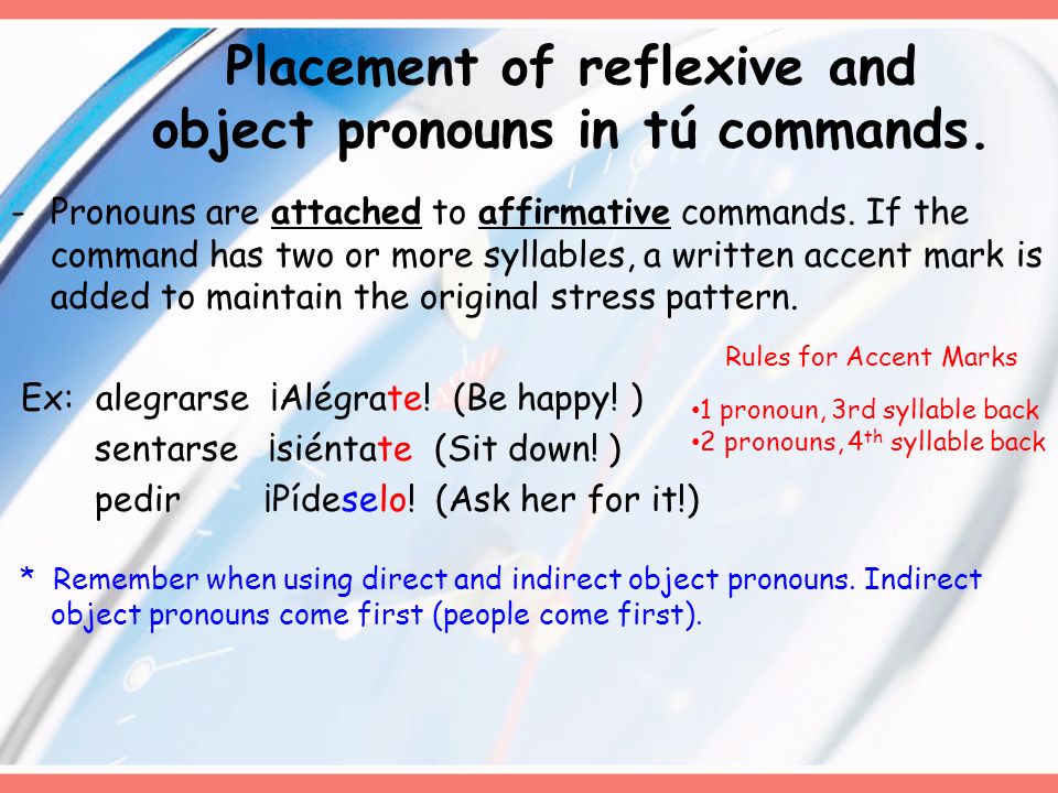 Placement of reflexive and object pronouns in tú commands.