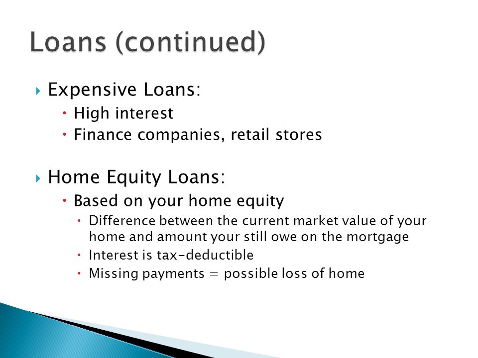 Loans (continued) Expensive Loans: Home Equity Loans: High interest