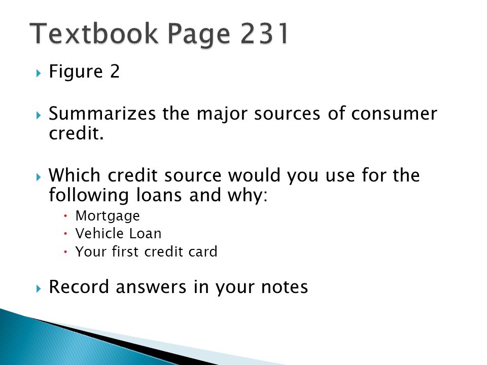 Textbook Page 231 Figure 2. Summarizes the major sources of consumer credit. Which credit source would you use for the following loans and why: