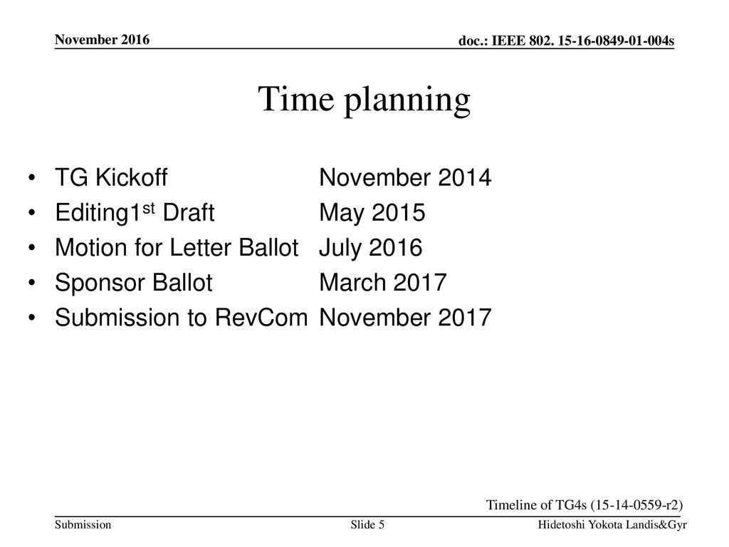 Time planning TG Kickoff November 2014 Editing1st Draft May 2015