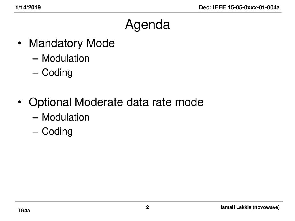 Agenda Mandatory Mode Optional Moderate data rate mode Modulation