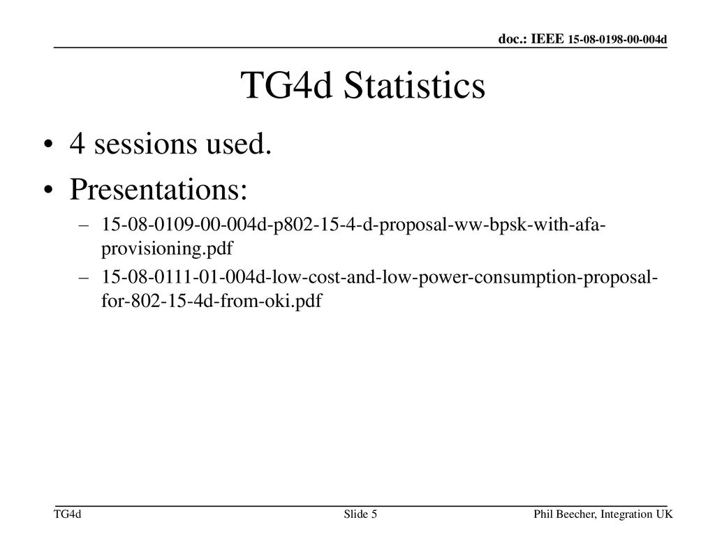 TG4d Statistics 4 sessions used. Presentations: