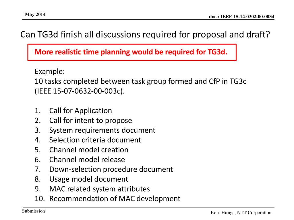 Can TG3d finish all discussions required for proposal and draft