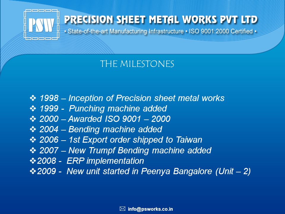 THE MILESTONES 1998 – Inception of Precision sheet metal works