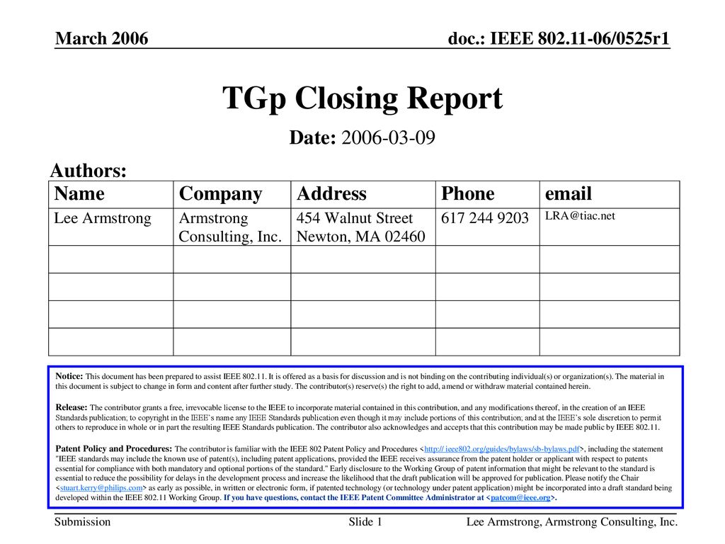 TGp Closing Report Date: Authors: March 2006 Month Year