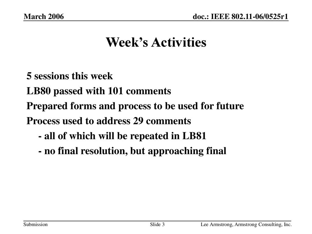 Week’s Activities 5 sessions this week LB80 passed with 101 comments