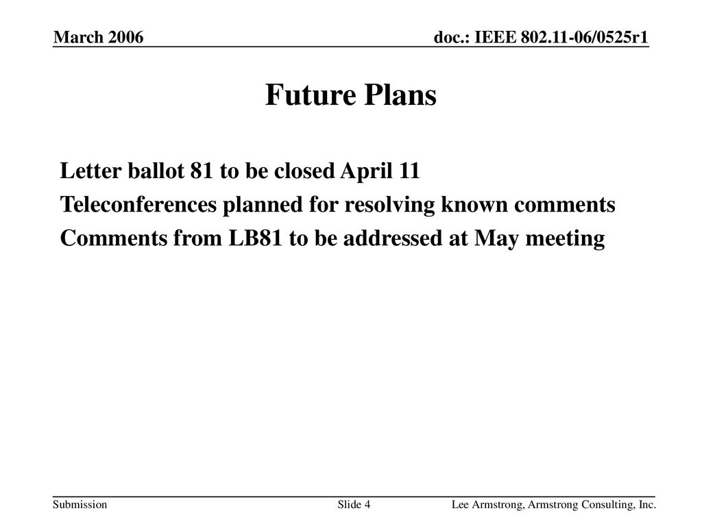 Future Plans Letter ballot 81 to be closed April 11