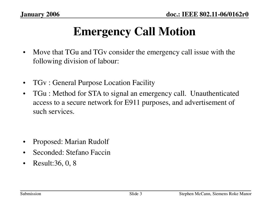 January 2006 doc.: IEEE /0162r0. January Emergency Call Motion.