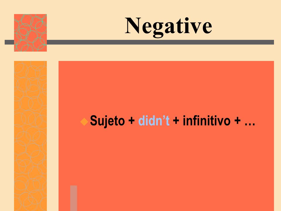 Negative Sujeto + didn’t + infinitivo + …