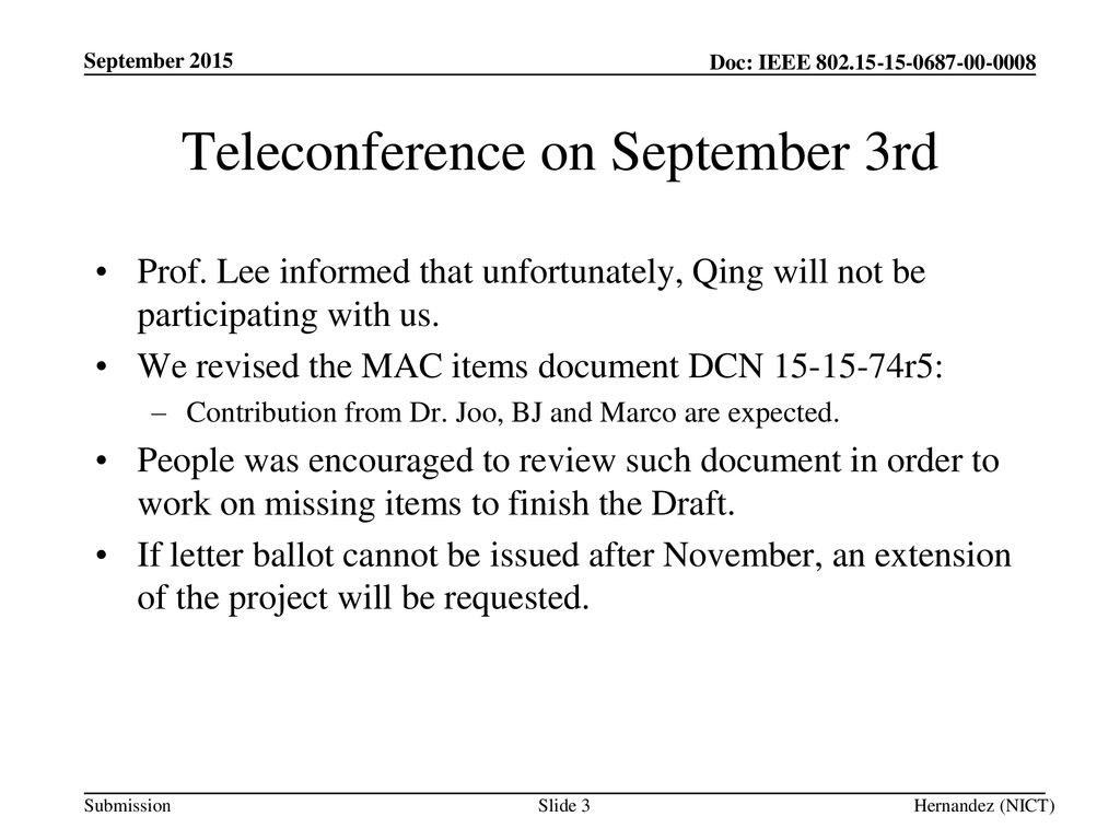 Teleconference on September 3rd