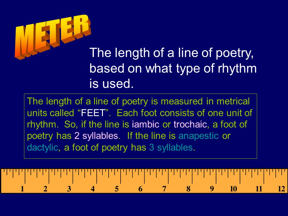 METER The length of a line of poetry, based on what type of rhythm is used.