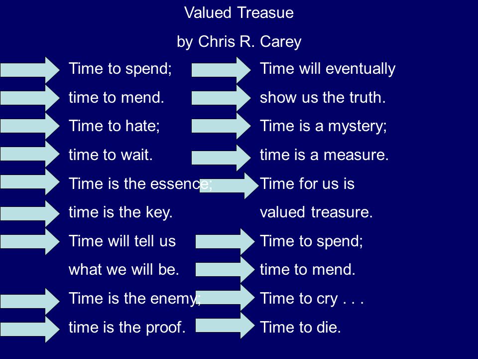 Time to spend; time to mend. Time to hate; time to wait. Time is the essence; time is the key. Time will tell us.