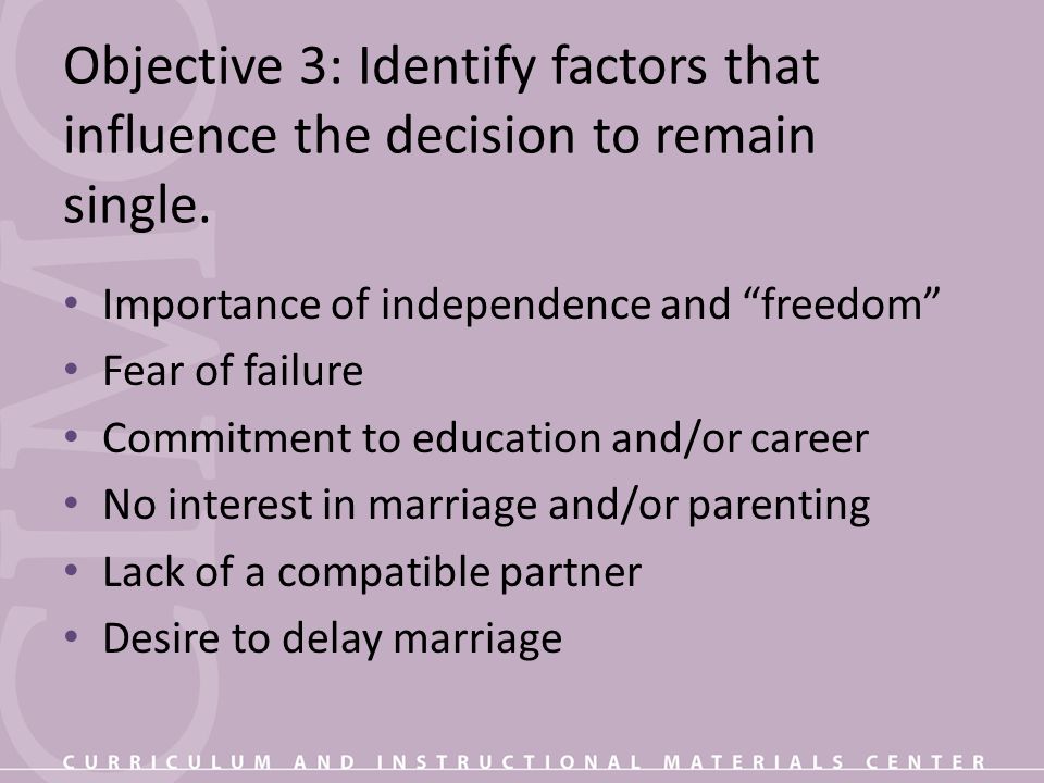 Objective 3: Identify factors that influence the decision to remain single.