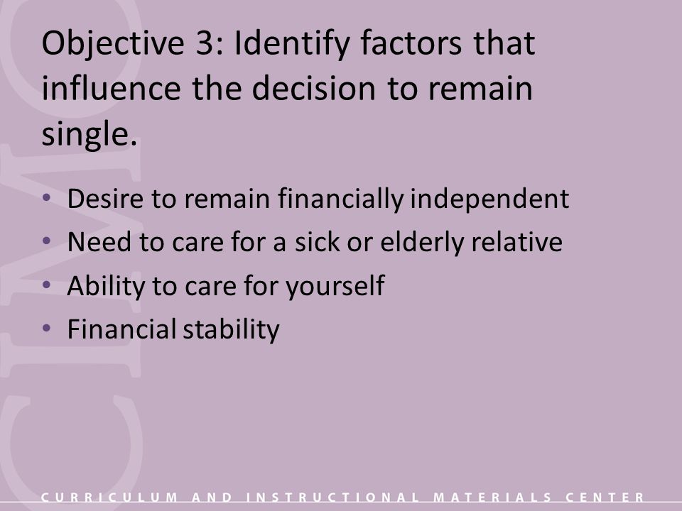 Objective 3: Identify factors that influence the decision to remain single.