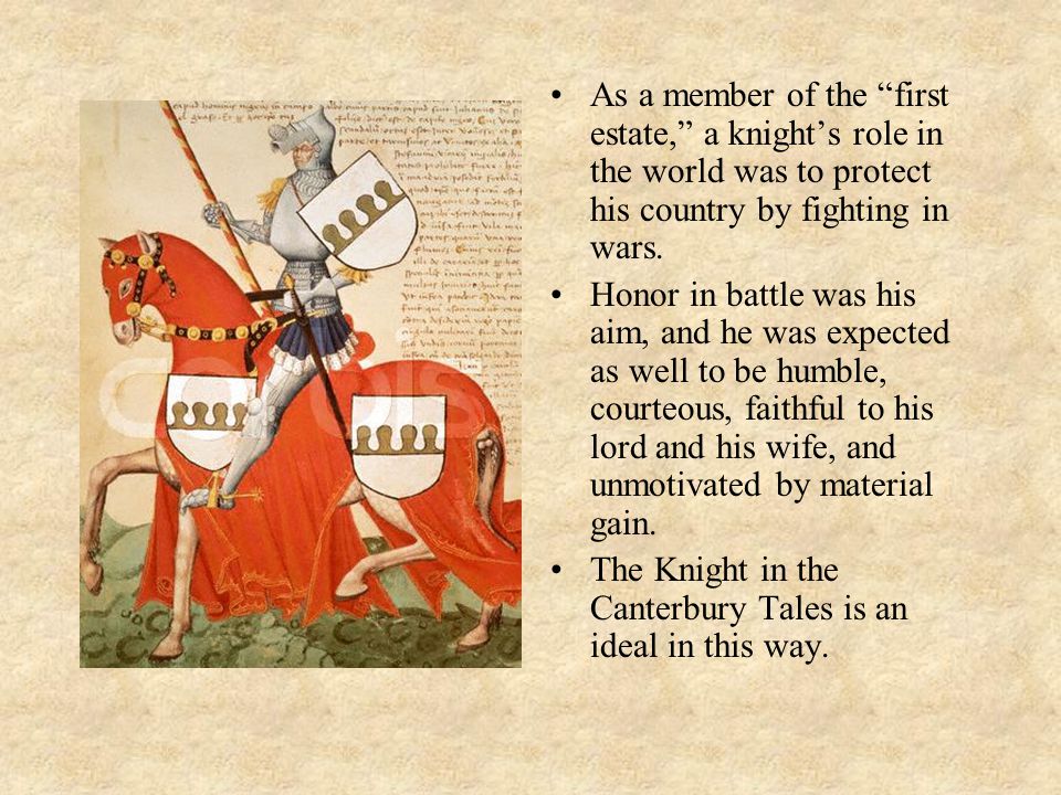 As a member of the first estate, a knight’s role in the world was to protect his country by fighting in wars.