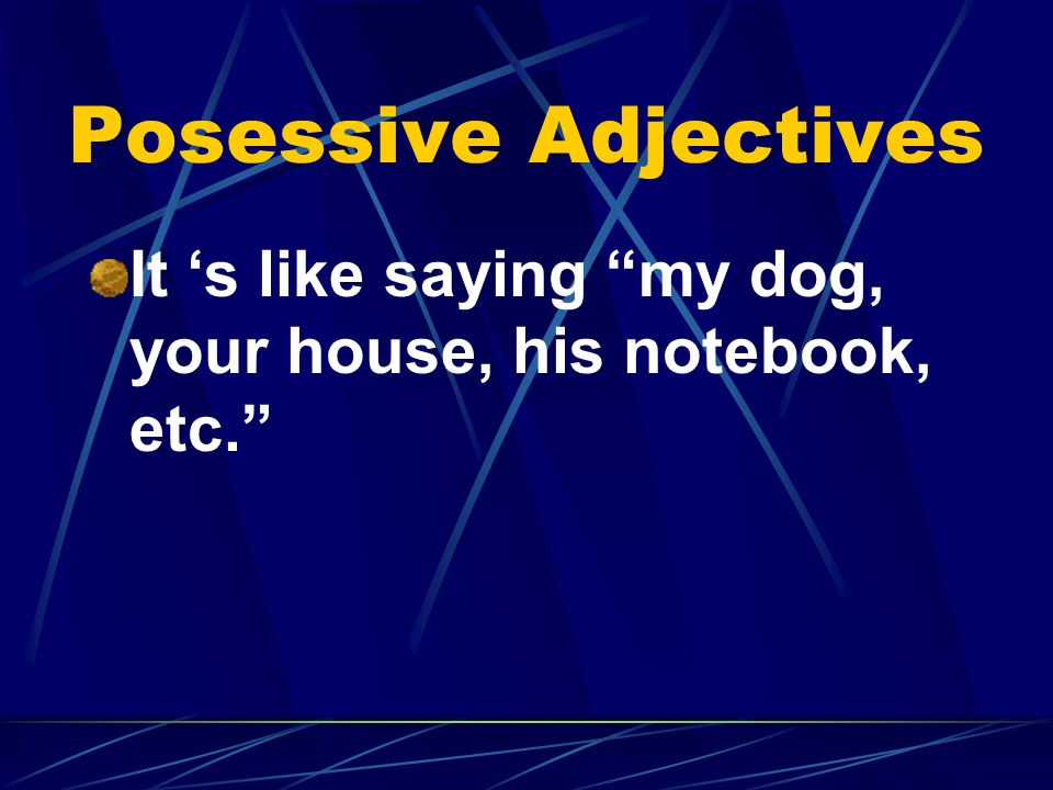 Posessive Adjectives It ‘s like saying my dog, your house, his notebook, etc.
