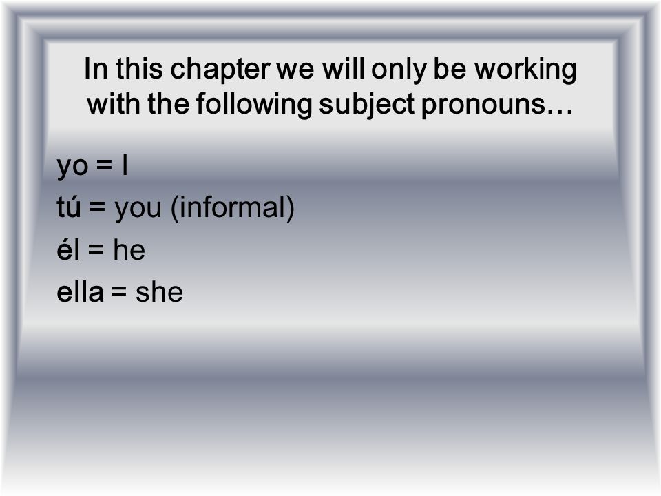 In this chapter we will only be working with the following subject pronouns…