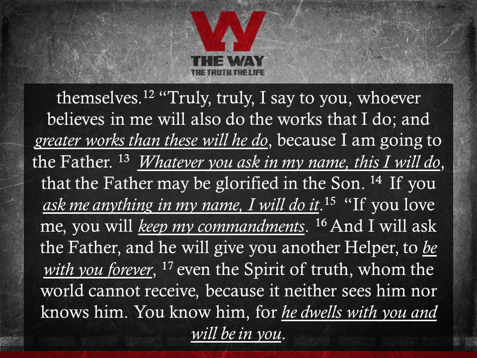 themselves.12 Truly, truly, I say to you, whoever believes in me will also do the works that I do; and greater works than these will he do, because I am going to the Father.