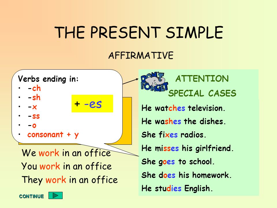 THE PRESENT SIMPLE + -es AFFIRMATIVE I work in an office