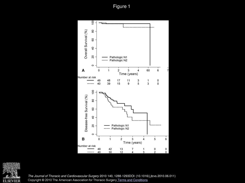 Figure 1 Overall survival (A) and disease-free survival (B) after VATS lobectomy in patients with pathologic N1 and N2 disease.