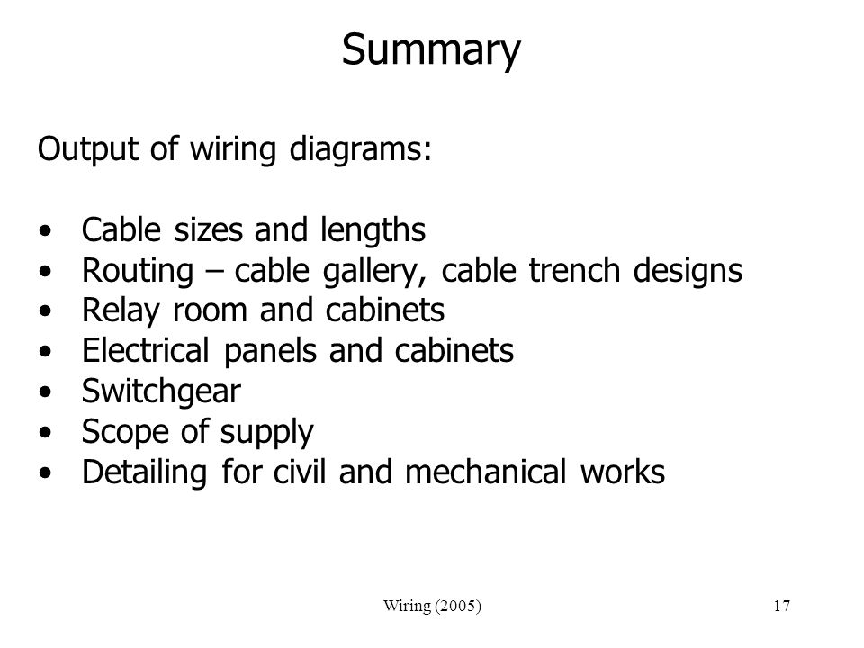 Summary Output of wiring diagrams: Cable sizes and lengths