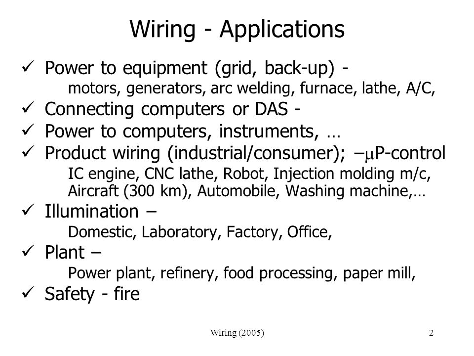 Wiring - Applications Power to equipment (grid, back-up) -