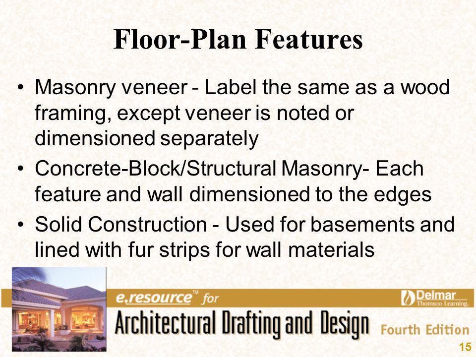 Floor-Plan Features Masonry veneer - Label the same as a wood framing, except veneer is noted or dimensioned separately.