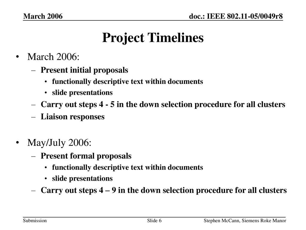 Project Timelines March 2006: May/July 2006: Present initial proposals