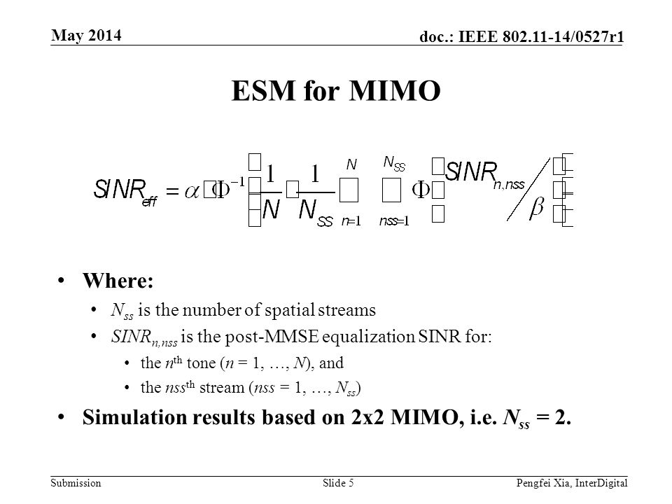 May 2014 ESM for MIMO. Where: Nss is the number of spatial streams. SINRn,nss is the post-MMSE equalization SINR for: