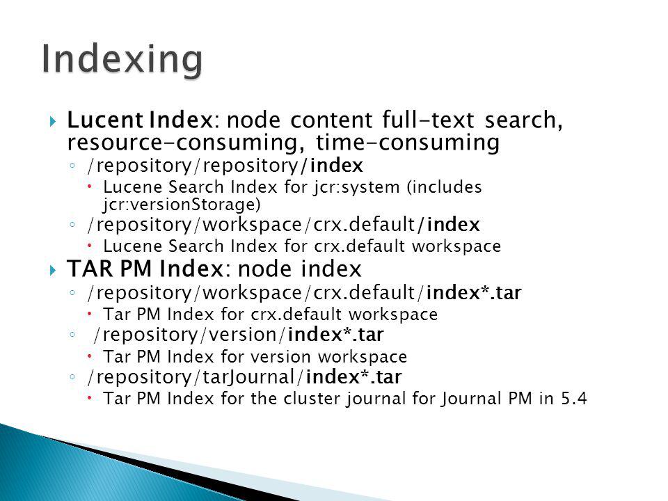 Indexing Lucent Index: node content full-text search, resource-consuming, time-consuming. /repository/repository/index.