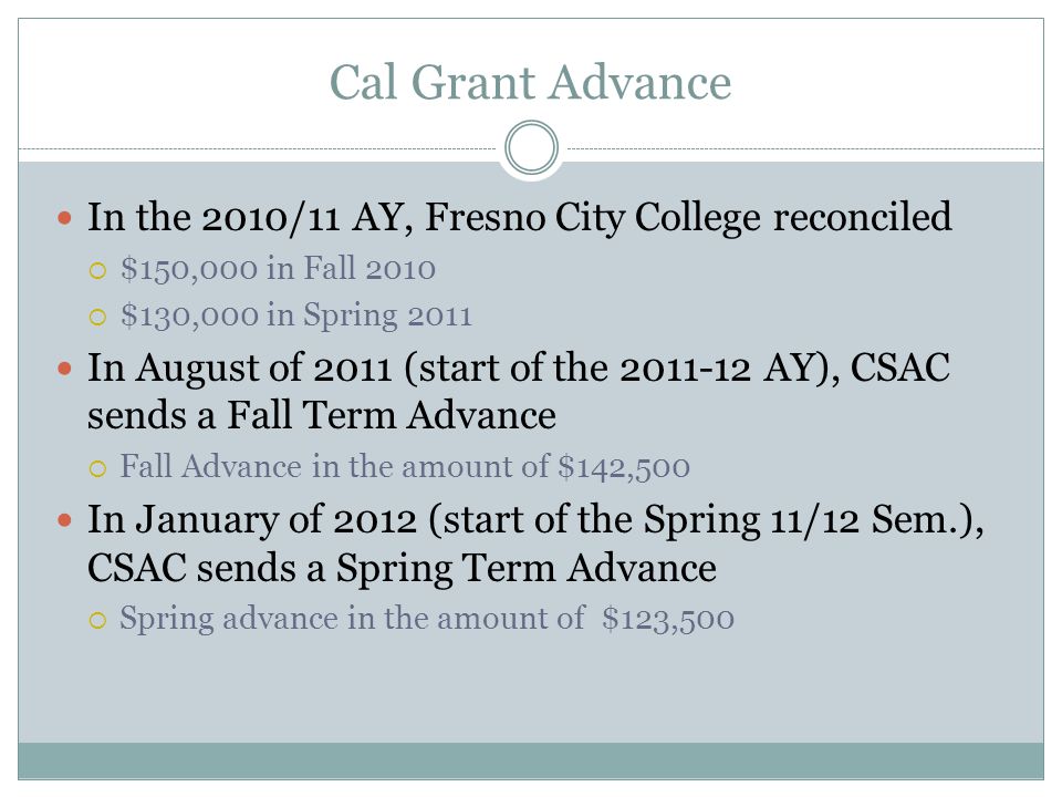 Cal Grant Advance In the 2010/11 AY, Fresno City College reconciled